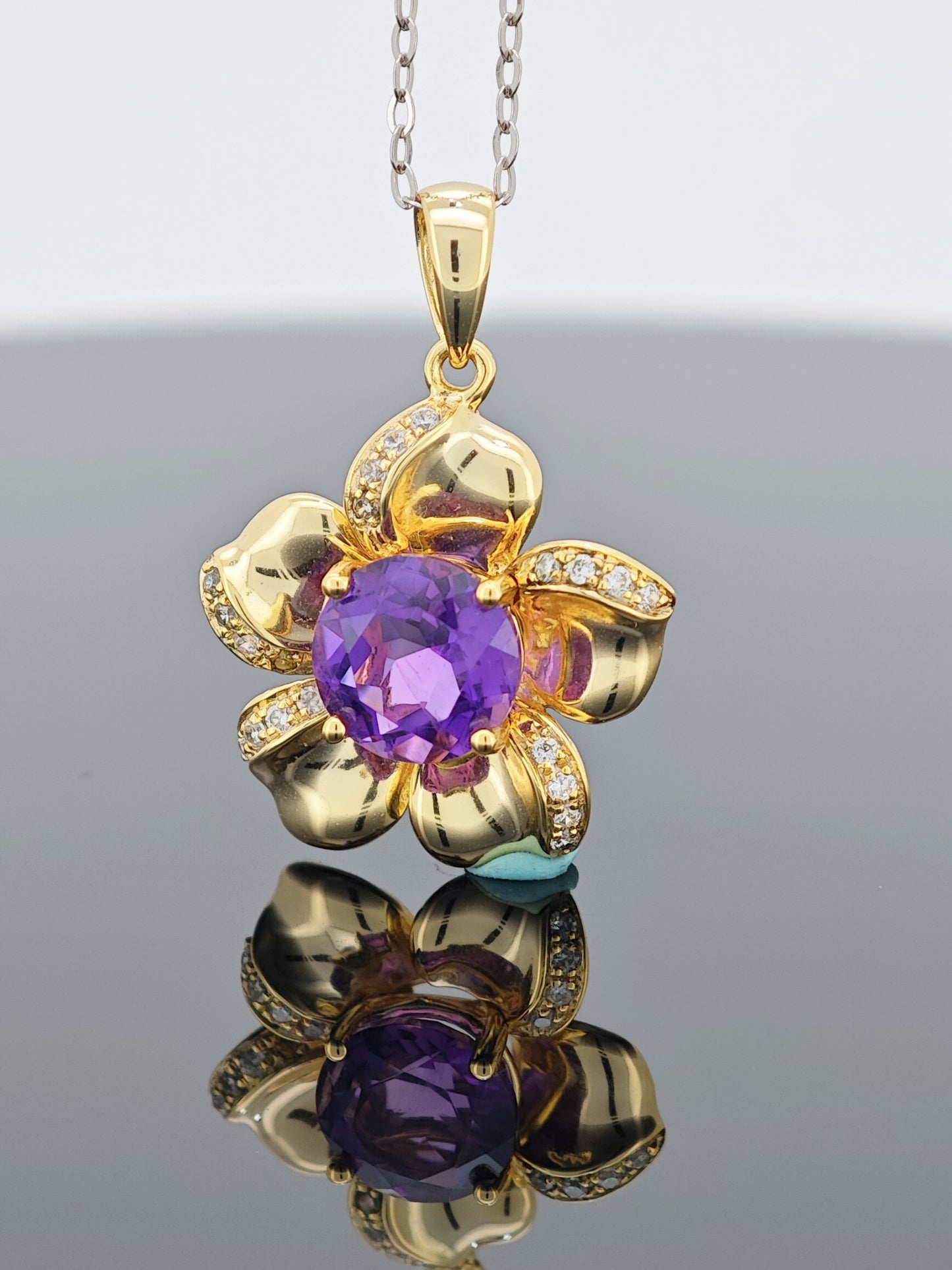 Certified S925 Silver setting Gold-toned Amethyst pendant