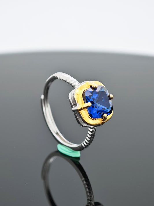 Certified S925 Silver Ring: Gold-Tone Detailing + Genuine Cultivated Sapphire for Timeless Luxury