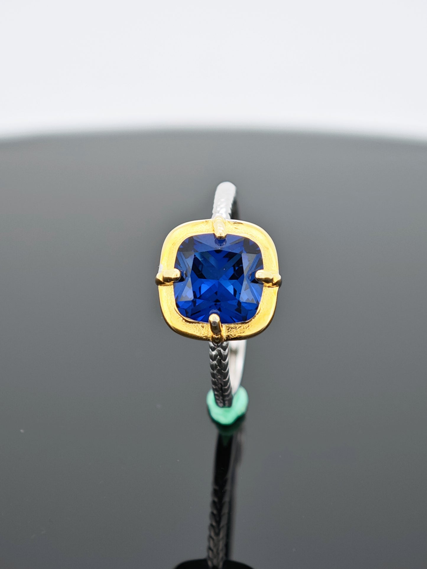 Certified S925 Silver Ring: Gold-Tone Detailing + Genuine Cultivated Sapphire for Timeless Luxury