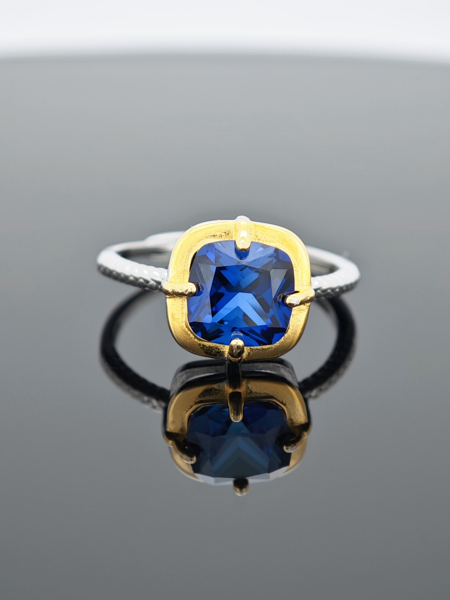 Certified S925 Silver Ring: Gold-Tone Detailing + Genuine Cultivated Sapphire for Timeless Luxury